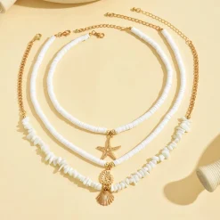 Σετ Boho Τριπλό Κολιέ με Θαλασσινά Στοιχεία - Χρυσό & Λευκό