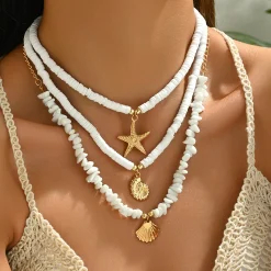 Σετ Boho Τριπλό Κολιέ με Θαλασσινά Στοιχεία - Χρυσό & Λευκό