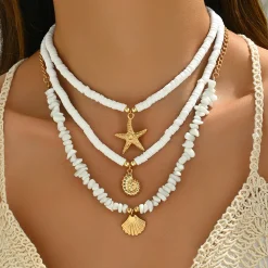 Σετ Boho Τριπλό Κολιέ με Θαλασσινά Στοιχεία - Χρυσό & Λευκό