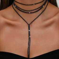 Μαύρο Κολιέ Τσόκερ με Στρας & Μακριά Λωρίδα – Layered Look
