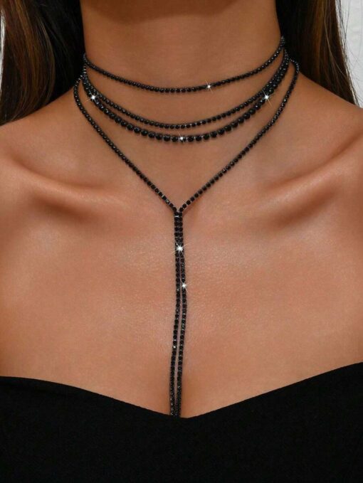 Μαύρο Κολιέ Τσόκερ με Στρας & Μακριά Λωρίδα – Layered Look