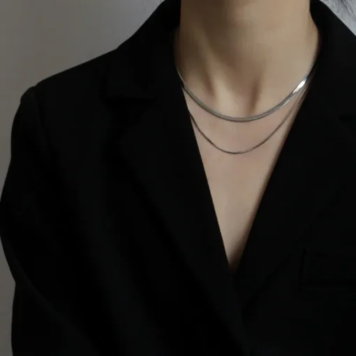 Ασημί Διπλό Κολιέ Layering με Αλυσίδα Snake
