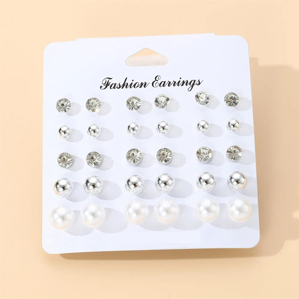 Σετ 12 Σκουλαρίκια με Στρας και Πέρλες