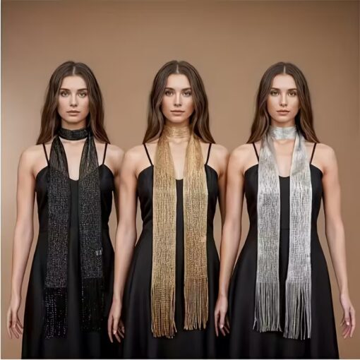Φουλάρι Κολιέ με Κρόσσια και Μεταλλική Υφή - Choker Κασκόλ σε Ασημί, Χρυσό & Μαύρο | Glamour Βραδινό Αξεσουάρ
