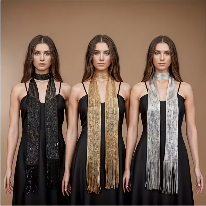 Φουλάρι Κολιέ με Κρόσσια και Μεταλλική Υφή - Choker Κασκόλ σε Ασημί, Χρυσό & Μαύρο | Glamour Βραδινό Αξεσουάρ