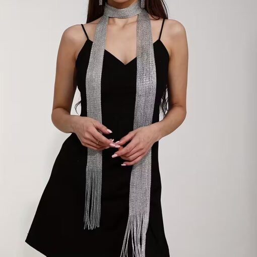 Φουλάρι Κολιέ με Κρόσσια και Μεταλλική Υφή - Choker Κασκόλ σε Ασημί, Χρυσό & Μαύρο | Glamour Βραδινό Αξεσουάρ