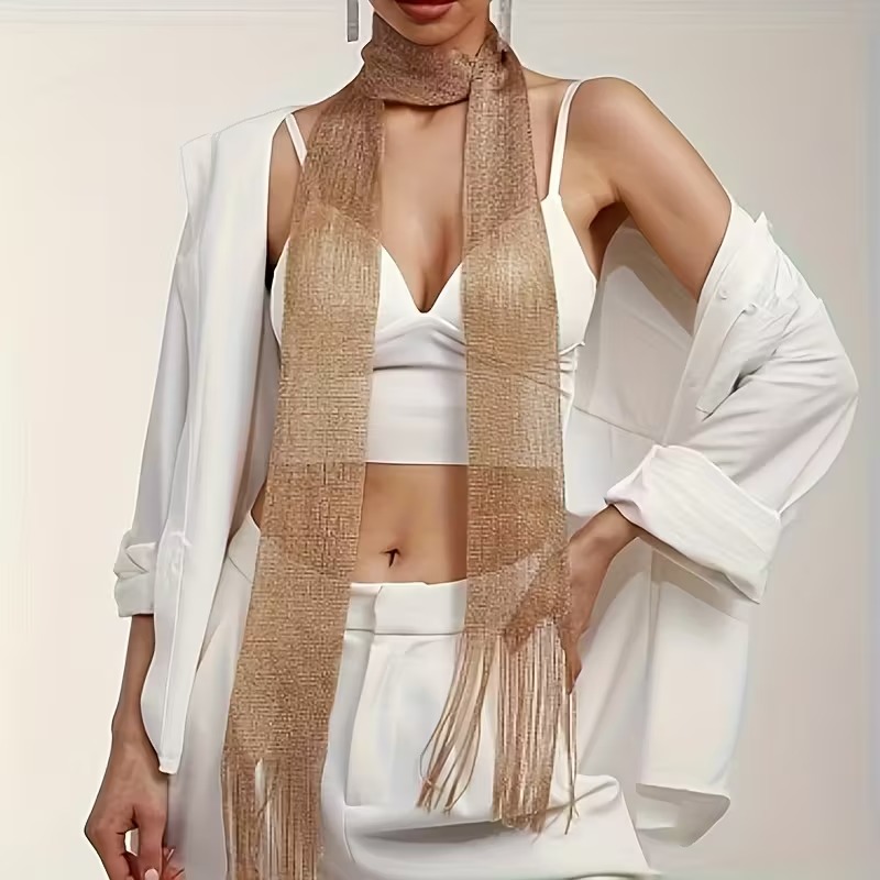 Φουλάρι Κολιέ με Κρόσσια και Μεταλλική Υφή - Choker Κασκόλ σε Ασημί, Χρυσό & Μαύρο | Glamour Βραδινό Αξεσουάρ