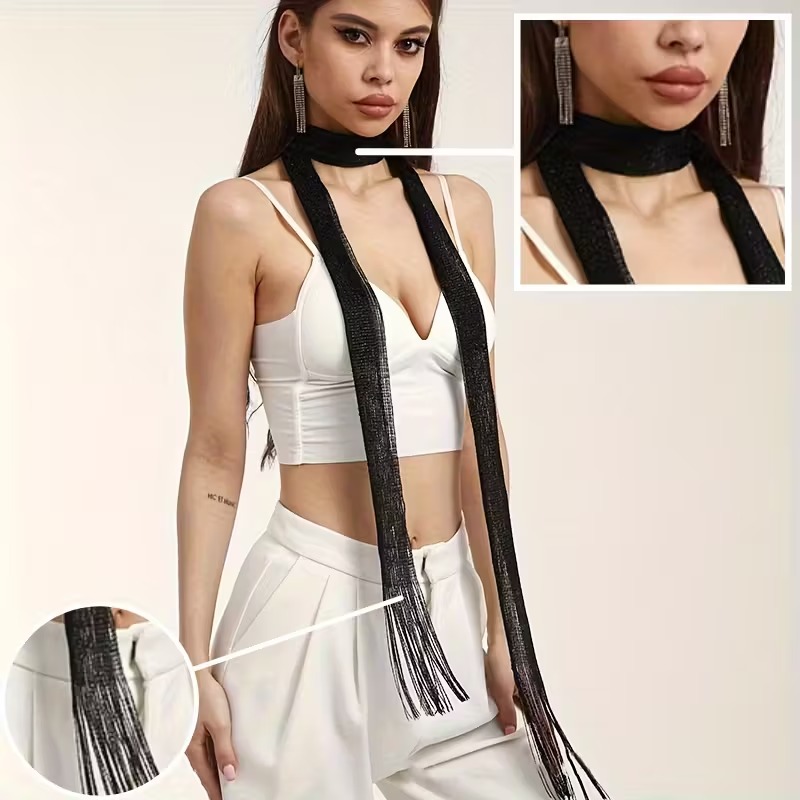 Φουλάρι Κολιέ με Κρόσσια και Μεταλλική Υφή - Choker Κασκόλ σε Ασημί, Χρυσό & Μαύρο | Glamour Βραδινό Αξεσουάρ