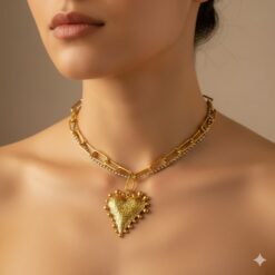 Εντυπωσιακό Κολιέ Καρδιά Two-Tone | Ανοξείδωτο Ατσάλι 18Κ Επιχρυσωμένο | Χοντρή Αλυσίδα Link & Μπίλιες | Αδιάβροχο