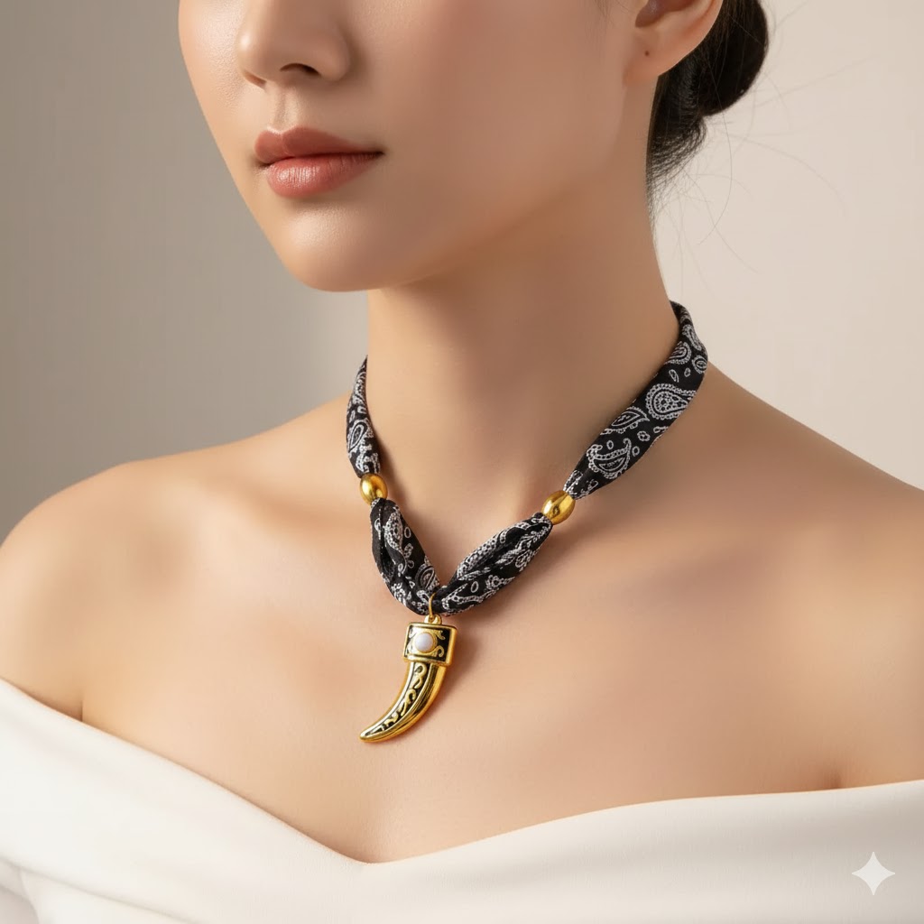 Queen Style Κολιέ Choker | Μαντήλι Bandana & Μενταγιόν Χρυσό | 18Κ Επιχρυσωμένο Ατσάλι | Ρομαντικό & Luxury