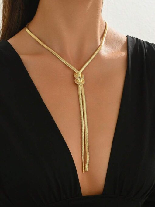 Χρυσό Κολιέ Τύπου Lariat με Αλυσίδα Φίδι (Snake Chain) και Διακοσμητικό Κόμπο