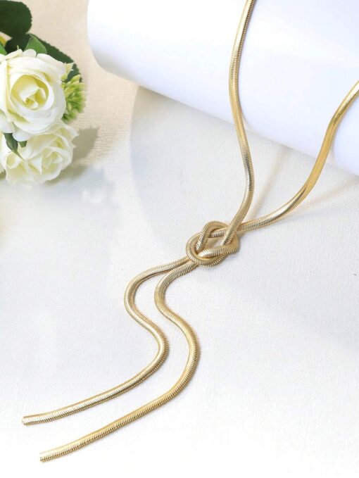 Χρυσό Κολιέ Τύπου Lariat με Αλυσίδα Φίδι (Snake Chain) και Διακοσμητικό Κόμπο