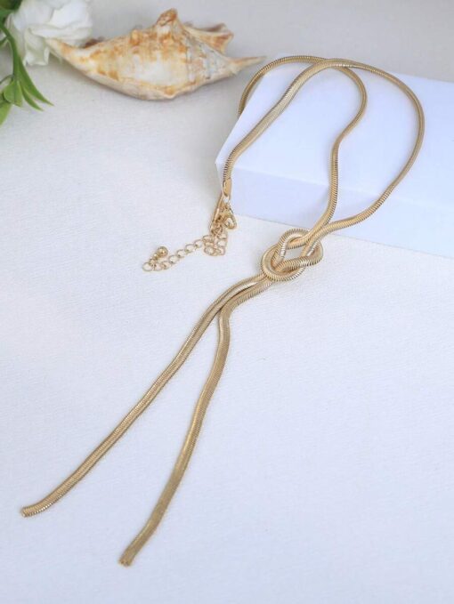 Χρυσό Κολιέ Τύπου Lariat με Αλυσίδα Φίδι (Snake Chain) και Διακοσμητικό Κόμπο