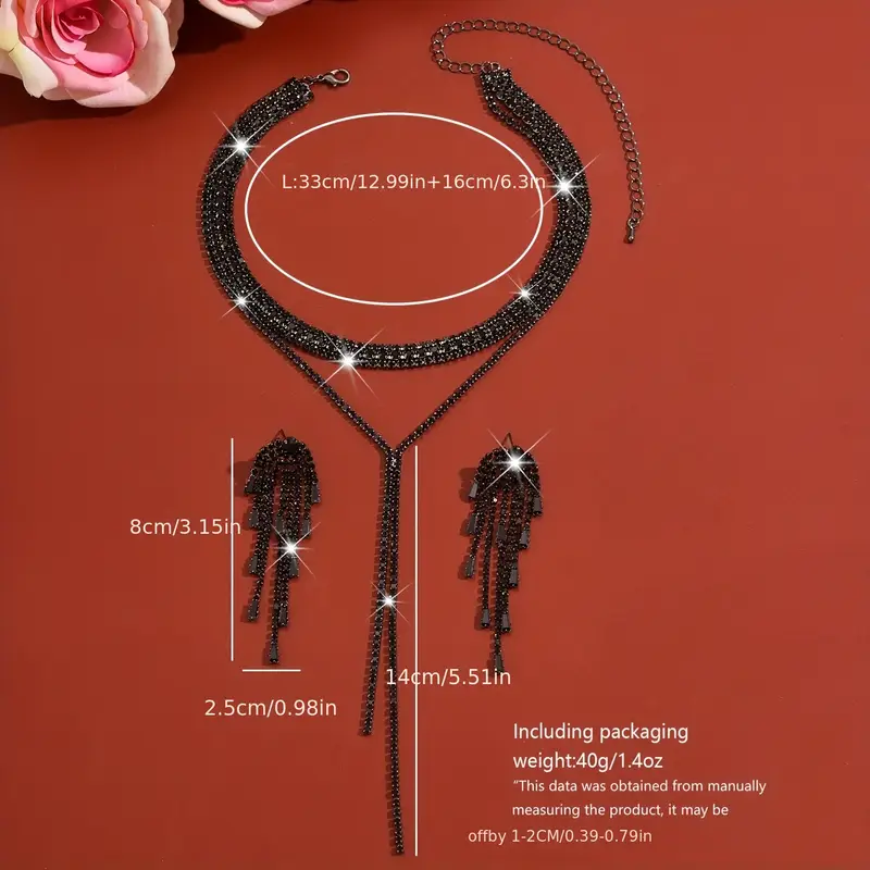 Σετ Κολιέ Choker και Σκουλαρίκια με Μαύρα Στρας | Glamorous Lariat με Κρόσσια | Βραδινό και Επίσημο Κόσμημα