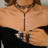 Σετ Κολιέ Choker και Σκουλαρίκια με Μαύρα Στρας | Glamorous Lariat με Κρόσσια | Βραδινό και Επίσημο Κόσμημα