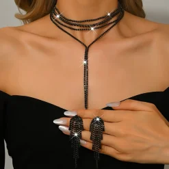 Σετ Κολιέ Choker και Σκουλαρίκια με Μαύρα Στρας | Glamorous Lariat με Κρόσσια | Βραδινό και Επίσημο Κόσμημα