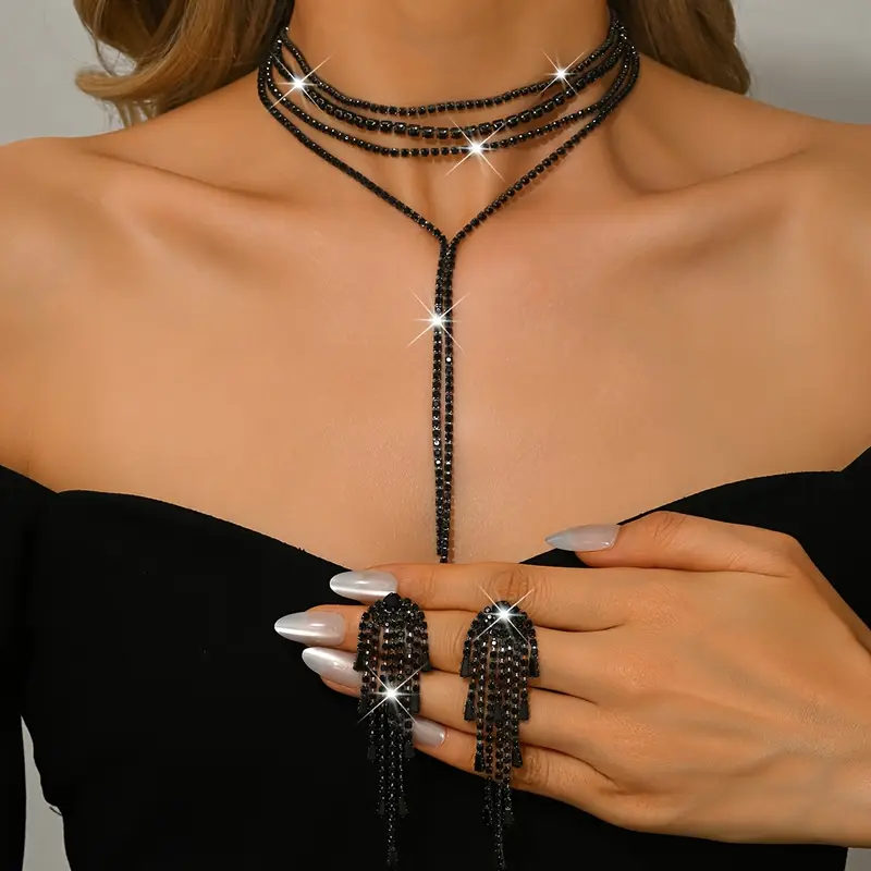 Σετ Κολιέ Choker και Σκουλαρίκια με Μαύρα Στρας | Glamorous Lariat με Κρόσσια | Βραδινό και Επίσημο Κόσμημα