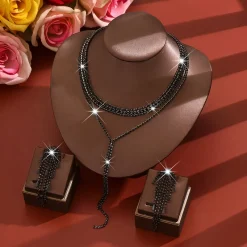 Σετ Κολιέ Choker και Σκουλαρίκια με Μαύρα Στρας | Glamorous Lariat με Κρόσσια | Βραδινό και Επίσημο Κόσμημα