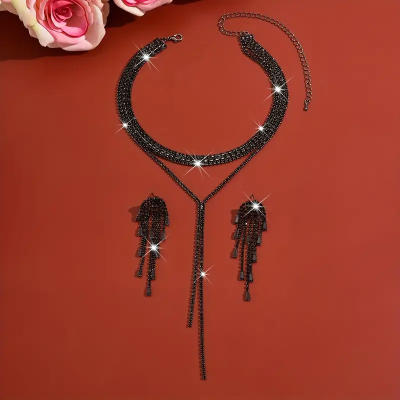 Σετ Κολιέ Choker και Σκουλαρίκια με Μαύρα Στρας | Glamorous Lariat με Κρόσσια | Βραδινό και Επίσημο Κόσμημα