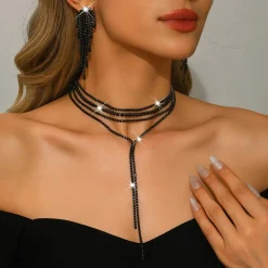 Σετ Κολιέ Choker και Σκουλαρίκια με Μαύρα Στρας | Glamorous Lariat με Κρόσσια | Βραδινό και Επίσημο Κόσμημα