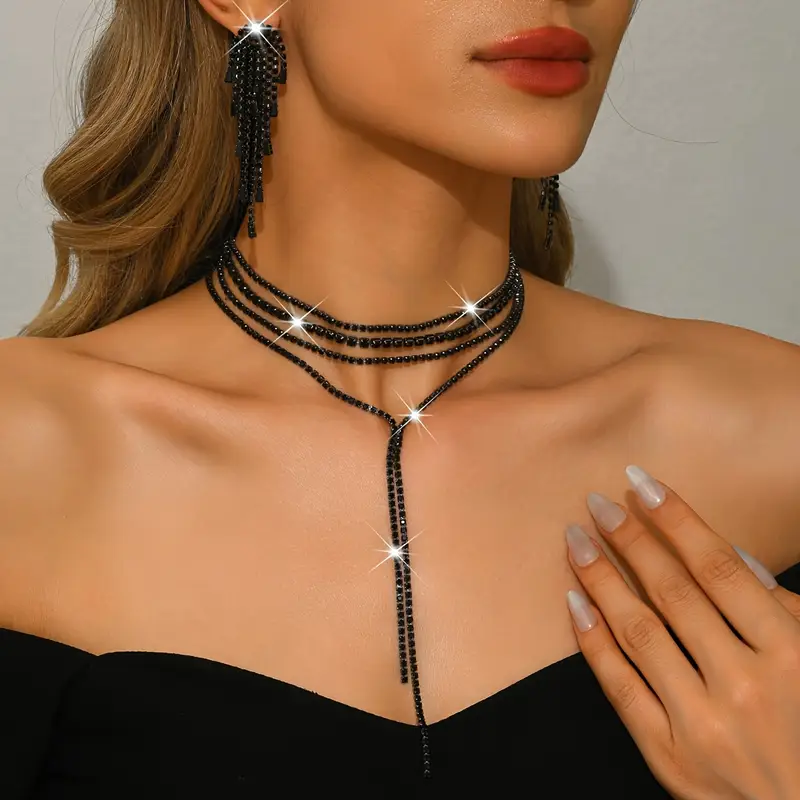 Σετ Κολιέ Choker και Σκουλαρίκια με Μαύρα Στρας | Glamorous Lariat με Κρόσσια | Βραδινό και Επίσημο Κόσμημα