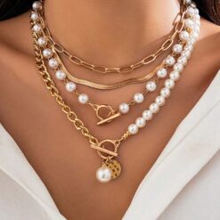 Πολύσειρο Κολιέ Statement με Χρυσές Αλυσίδες και Πέρλες | Layering Choker Σετ