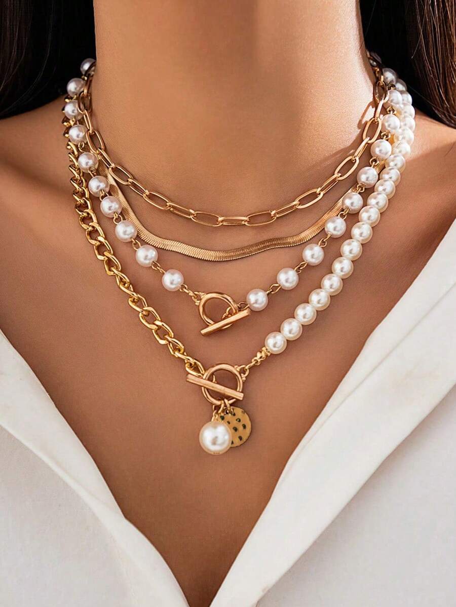 Πολύσειρο Κολιέ Statement με Χρυσές Αλυσίδες και Πέρλες | Layering Choker Σετ