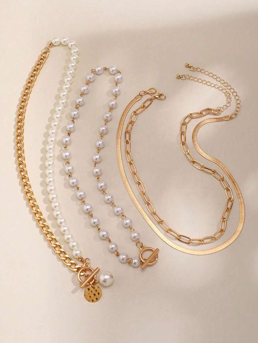 Πολύσειρο Κολιέ Statement με Χρυσές Αλυσίδες και Πέρλες | Layering Choker Σετ