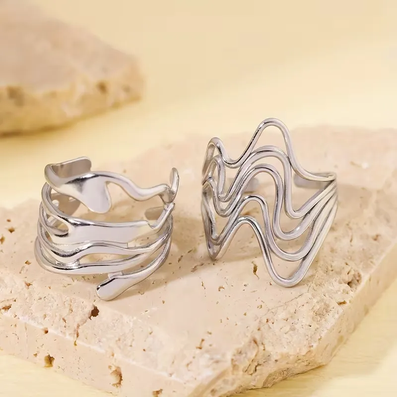 Ασημί Σετ Δαχτυλίδια Αφηρημένο Κυματιστό Σχέδιο - Σύγχρονο Statement Jewelry