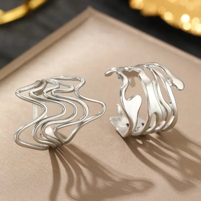 Ασημί Σετ Δαχτυλίδια Αφηρημένο Κυματιστό Σχέδιο - Σύγχρονο Statement Jewelry