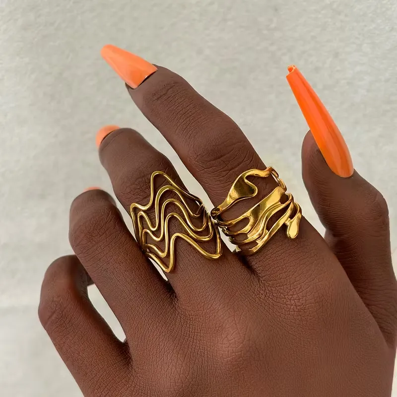 Χρυσό Σετ Δαχτυλίδια Αφηρημένο Κυματιστό Σχέδιο - Σύγχρονο Statement Jewelry