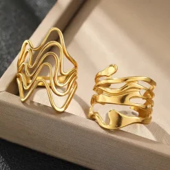 Χρυσό Σετ Δαχτυλίδια Αφηρημένο Κυματιστό Σχέδιο - Σύγχρονο Statement Jewelry