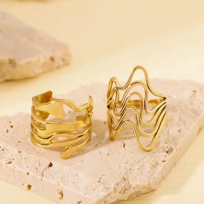 Χρυσό Σετ Δαχτυλίδια Αφηρημένο Κυματιστό Σχέδιο - Σύγχρονο Statement Jewelry