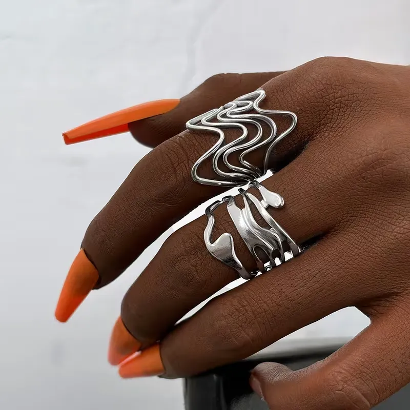 Ασημί Σετ Δαχτυλίδια Αφηρημένο Κυματιστό Σχέδιο - Σύγχρονο Statement Jewelry