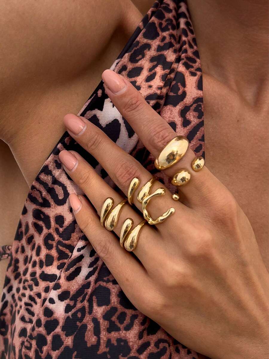 Σετ 6 Τεμαχίων Gold Statement Δαχτυλίδια | Chunky Ρυθμιζόμενα Δαχτυλίδια Dome | Liquid Gold Style