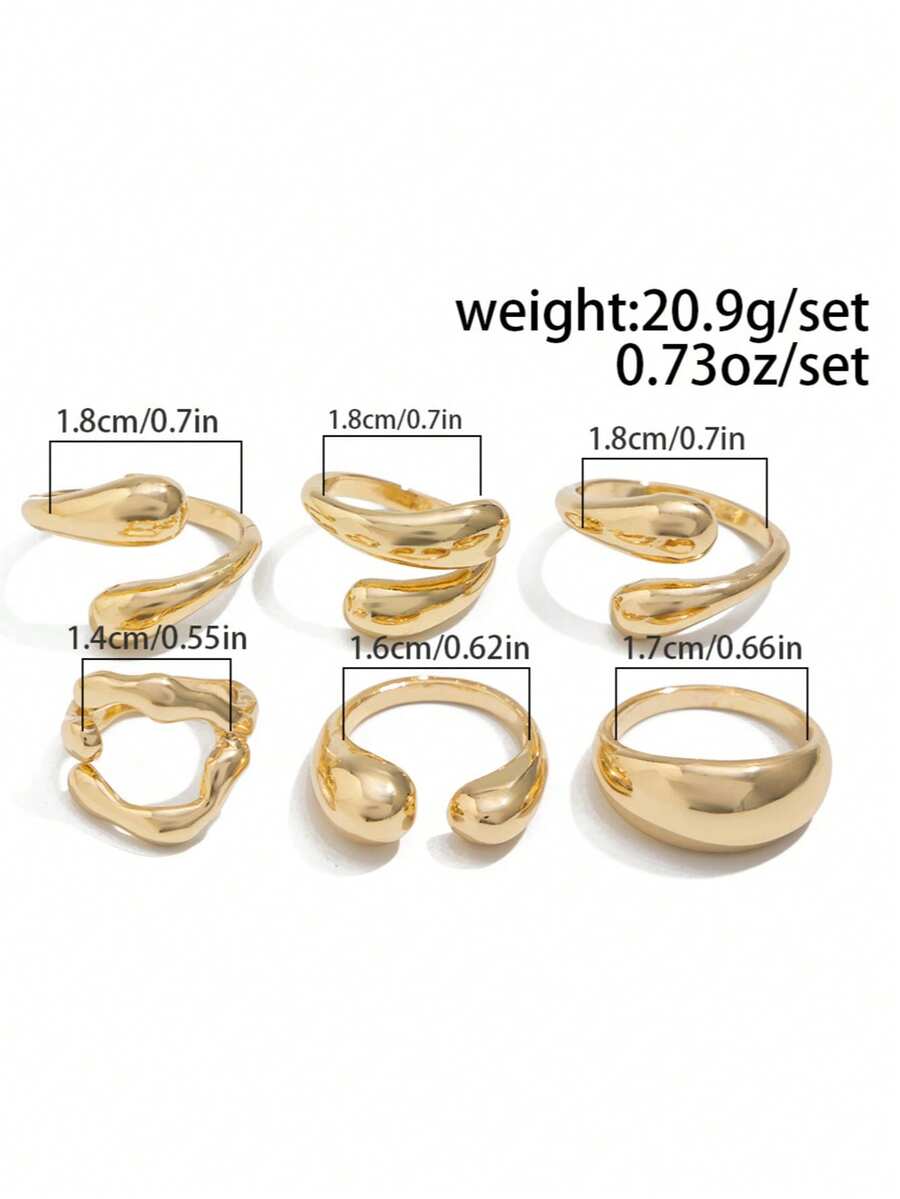 Σετ 6 Τεμαχίων Gold Statement Δαχτυλίδια | Chunky Ρυθμιζόμενα Δαχτυλίδια Dome | Liquid Gold Style