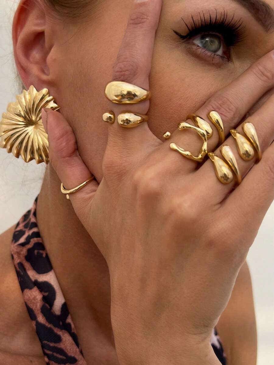 Σετ 6 Τεμαχίων Gold Statement Δαχτυλίδια | Chunky Ρυθμιζόμενα Δαχτυλίδια Dome | Liquid Gold Style