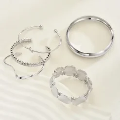 Σετ 5 Statement Βραχιόλια | Chunky Βραχιόλια Layering με ανάγλυφες Λεπτομέρειες (Χρυσό/Ασημί)