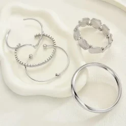 Σετ 5 Statement Βραχιόλια | Chunky Βραχιόλια Layering με ανάγλυφες Λεπτομέρειες (Χρυσό/Ασημί)