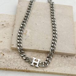 Ασημί Chunky Κολιέ με Αρχικό Γράμμα H - Statement Κομμάτι