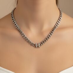 Ασημί Chunky Κολιέ με Αρχικό Γράμμα H - Statement Κομμάτι