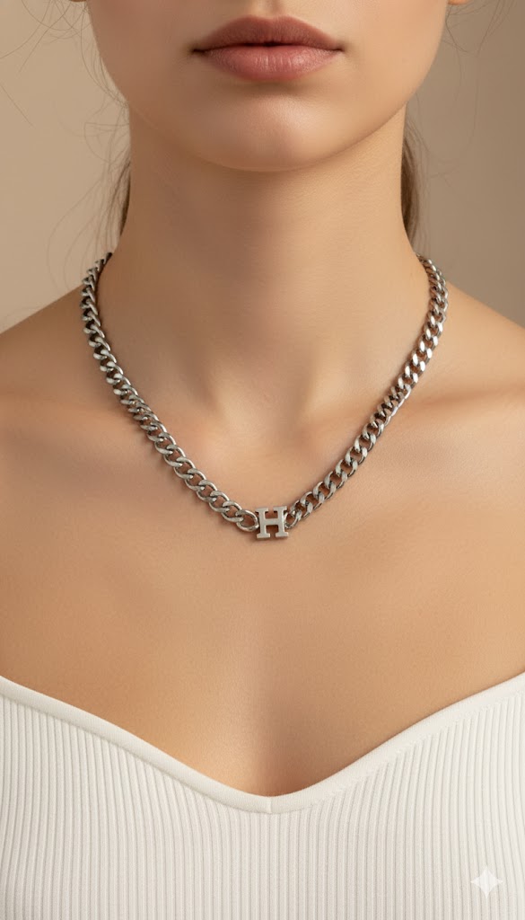 Ασημί Chunky Κολιέ με Αρχικό Γράμμα H - Statement Κομμάτι