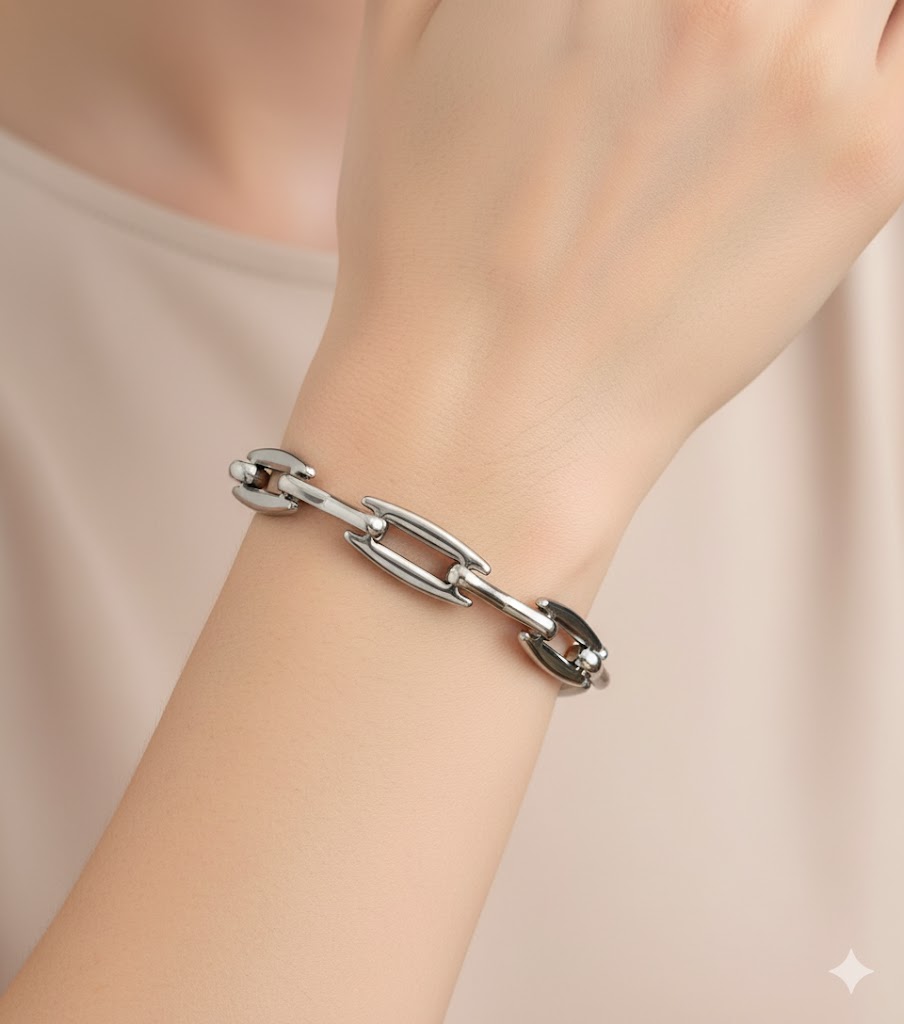 Ασημί Μοντέρνο Βραχιόλι Αλυσίδα με Οβάλ Σύνδεσμους