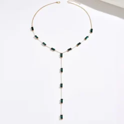 Κολιέ Lariat με Χρυσή Αλυσίδα και Πράσινα Κρύσταλλα