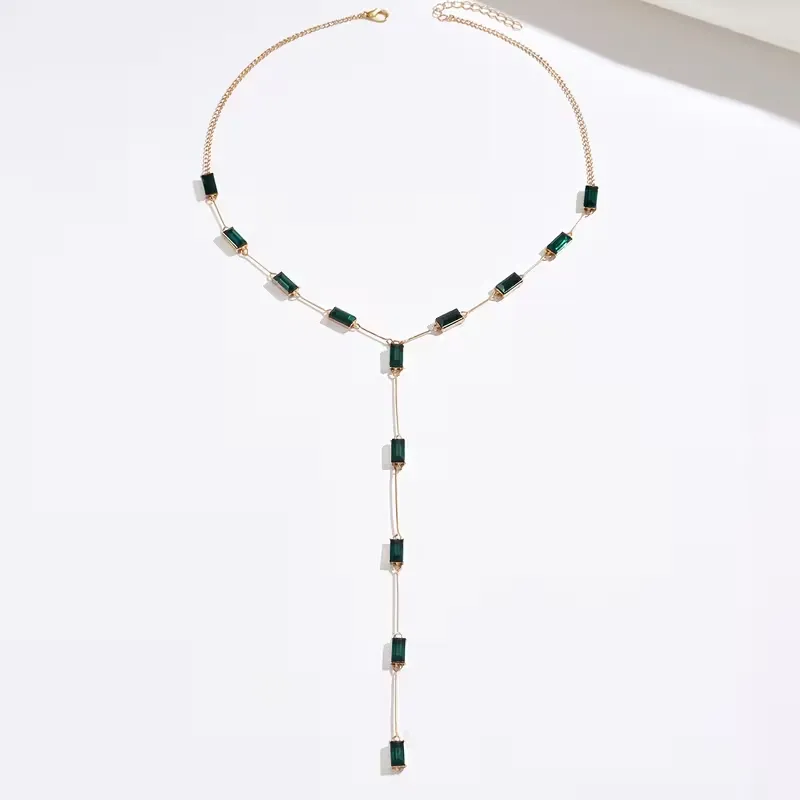 Κολιέ Lariat με Χρυσή Αλυσίδα και Πράσινα Κρύσταλλα