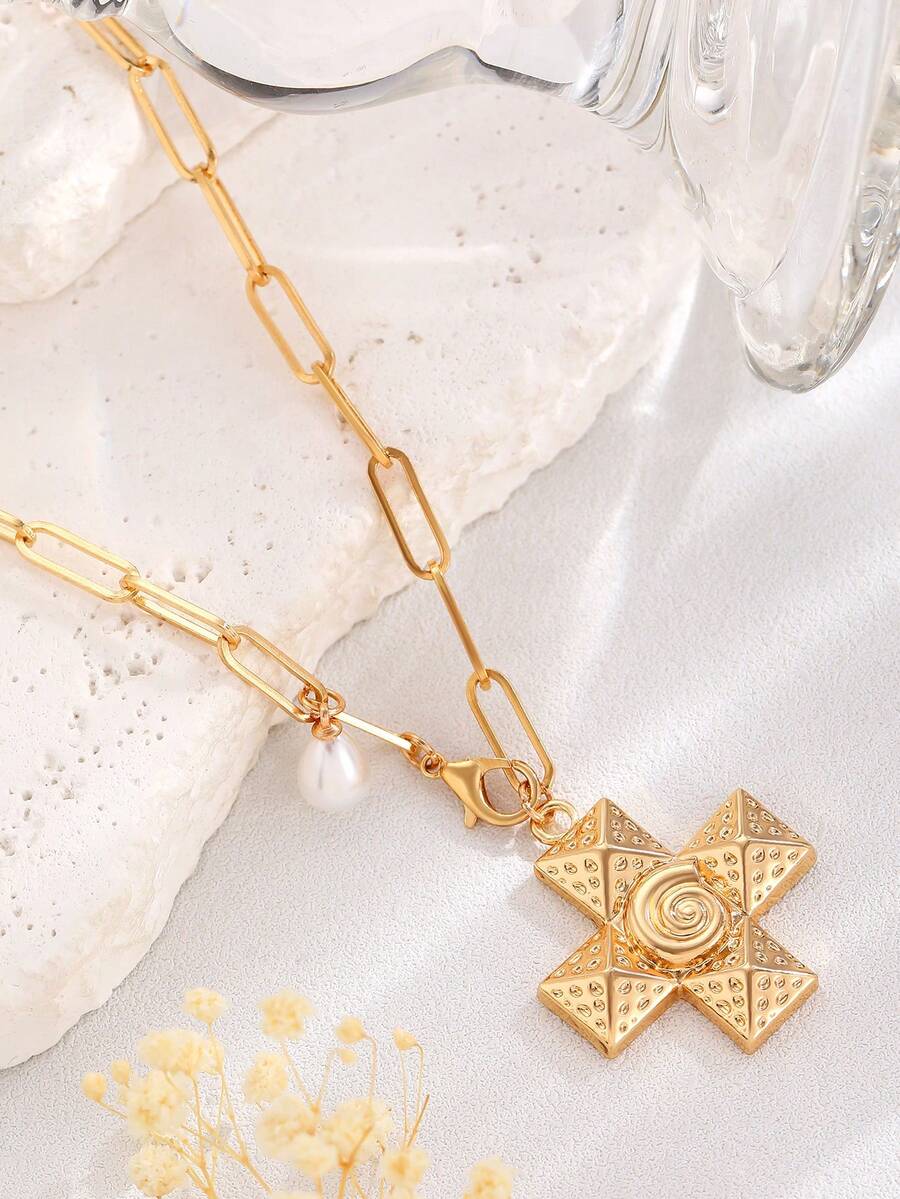 Χρυσό Κολιέ με Σταυρό και Μαργαριτάρι - Αλυσίδα Clip