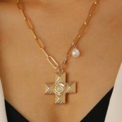 Χρυσό Κολιέ με Σταυρό και Μαργαριτάρι - Αλυσίδα Clip