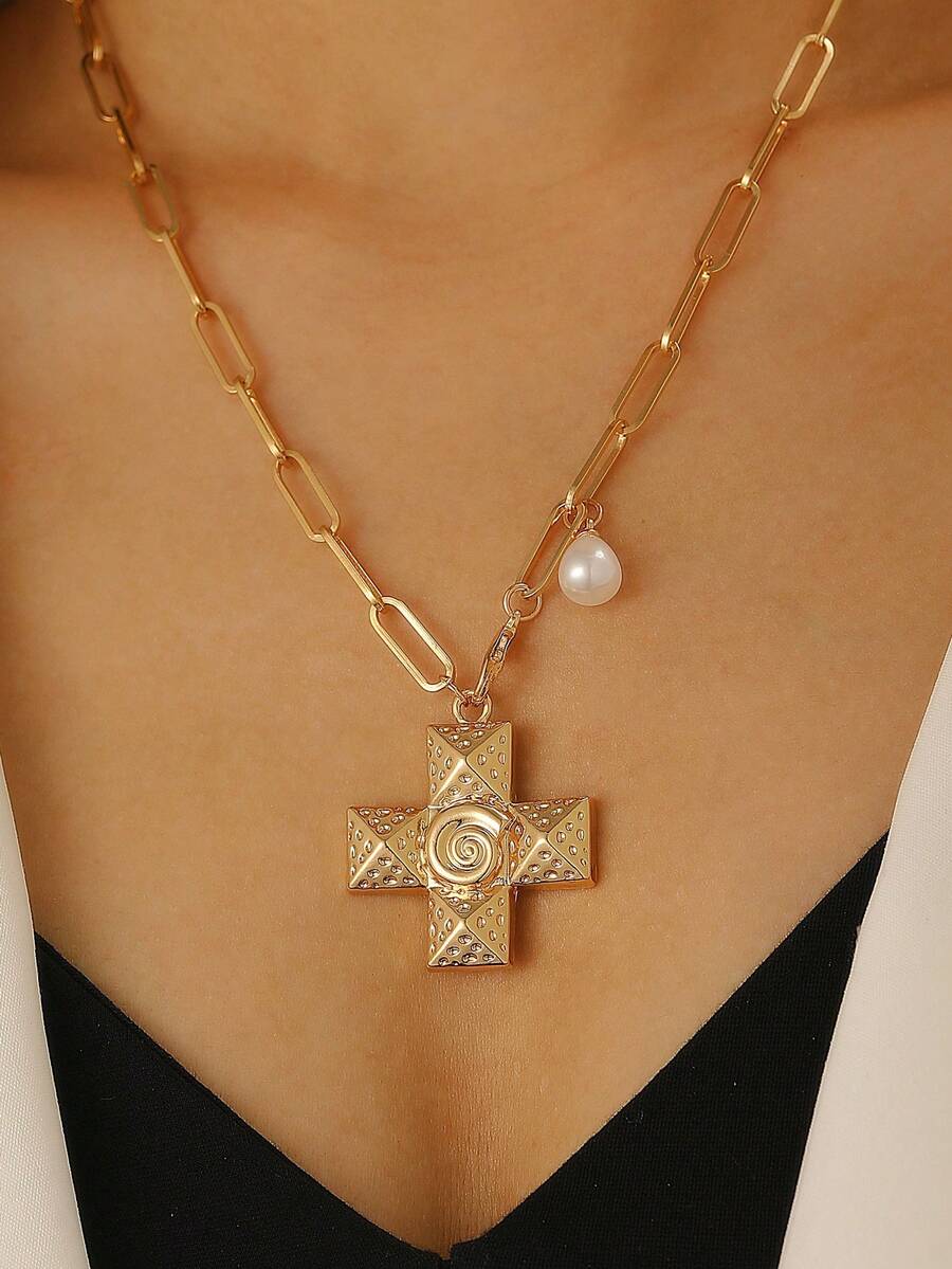 Χρυσό Κολιέ με Σταυρό και Μαργαριτάρι - Αλυσίδα Clip