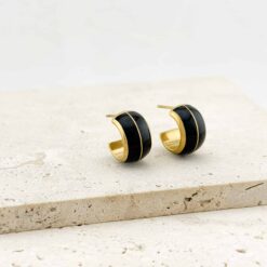 Minimal Χρυσά Σκουλαρίκια Κρίκοι με Μαύρο Σμάλτο