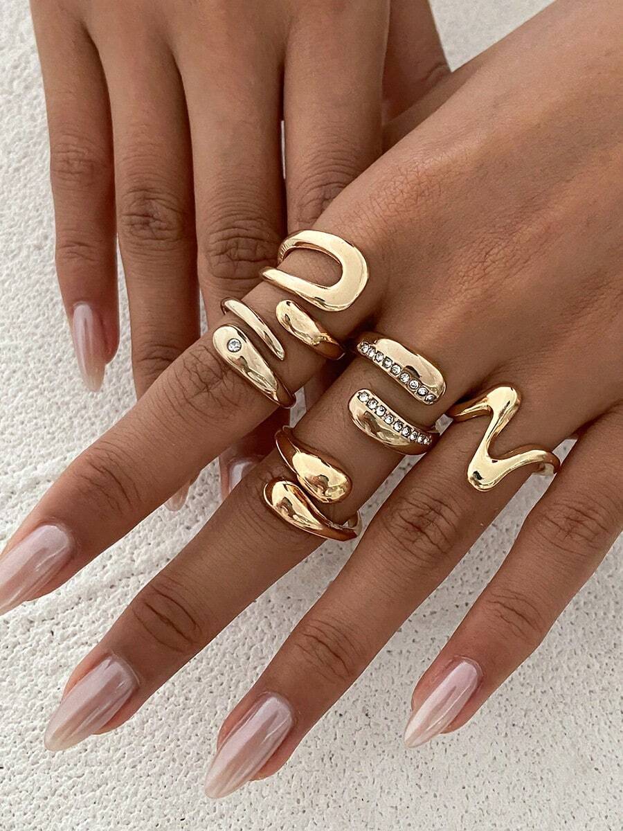 Σετ 6 Χρυσά Δαχτυλίδια Snake & Abstract Σχέδια | Ρυθμιζόμενα | Boho Statement